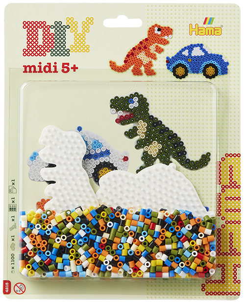 Blister Hama Beads Midi 1100 beads + placas coche y muñeca dinosaurio + papel