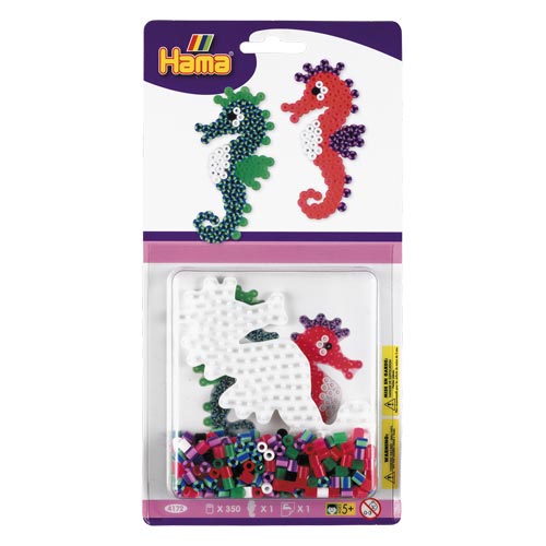 Blister Hama Beads Midi 350 beads color y bicolor + placa caballito de mar + papel de planchado