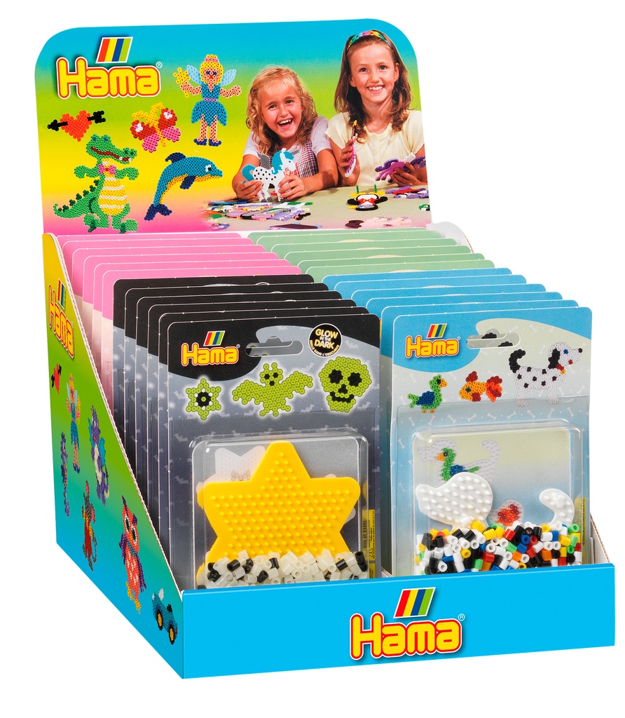 Expositor surtido - Blister Hama Beads Midi 375 y 450 beads + placa pequeña - CAJA 24 UDS