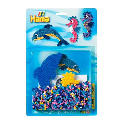 Blister Hama Beads Midi 1100 beads + placas delfín y caballito de mar + papel de