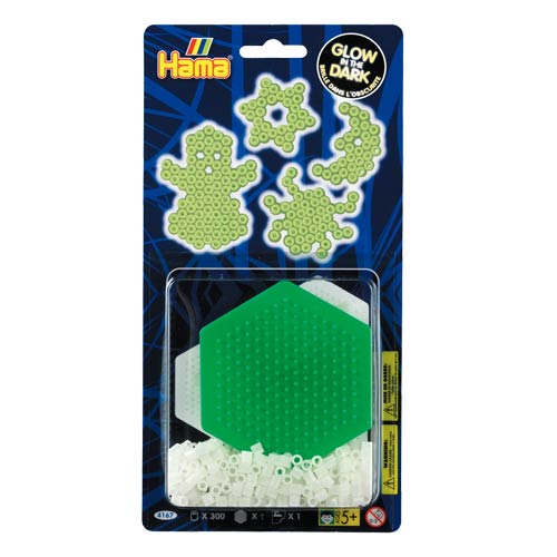 Blister Hama Beads Midi 300 beads brilla en la oscuridad + placa hexagonal pequeña + papel de planchado 
