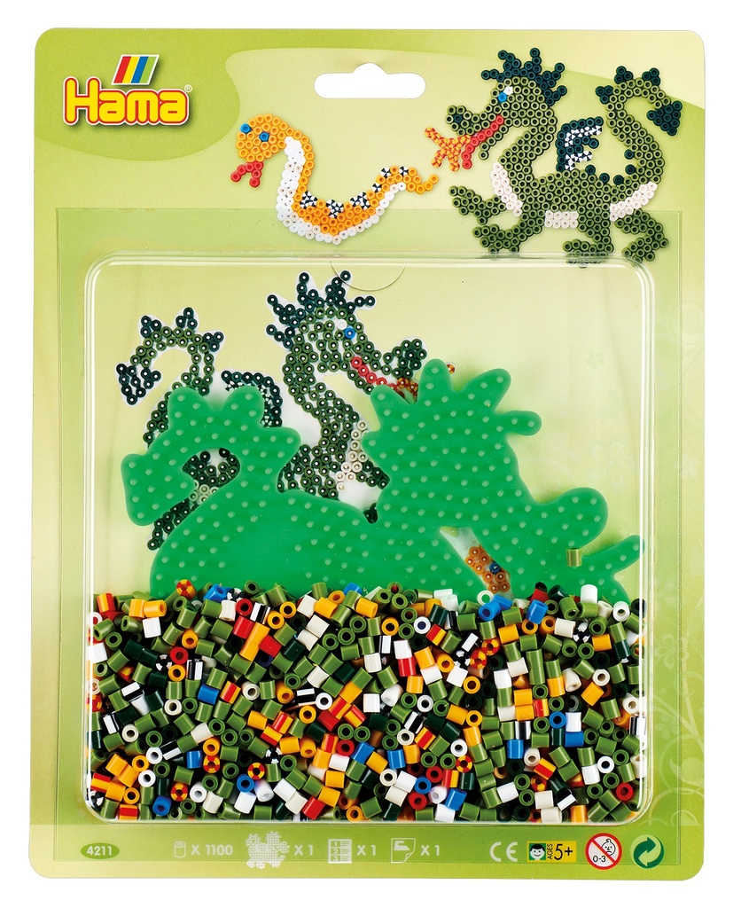 Blister Hama Beads Midi 1100 beads + placa dragón color verde fluorescente + papel