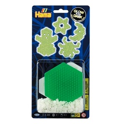 [4167] Blister Hama Beads Midi 300 beads brilla en la oscuridad + placa hexagonal pequeña + papel de planchado 
